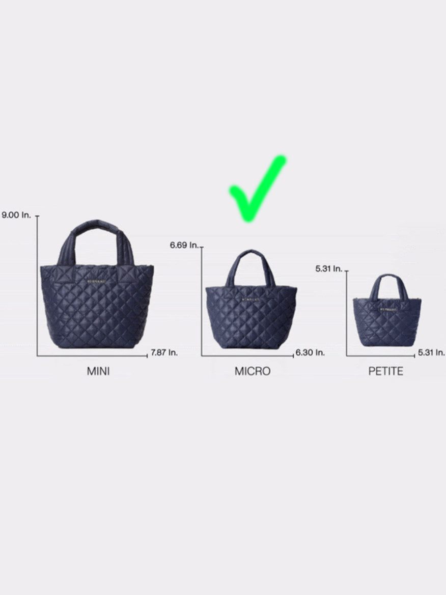 The collection includes three quilted blue bags labeled Mini, Micro, and Petite, each featuring elegant Italian leather trim. The dimensions are as follows: Mini at 9x7.87 inches, Petite at 5.31x5.31 inches, and the Micro Metro Tote Deluxe in Black Sequin measures 6.69x6.3 inches (checked), with each bag offering an optional crossbody strap for versatile styling.