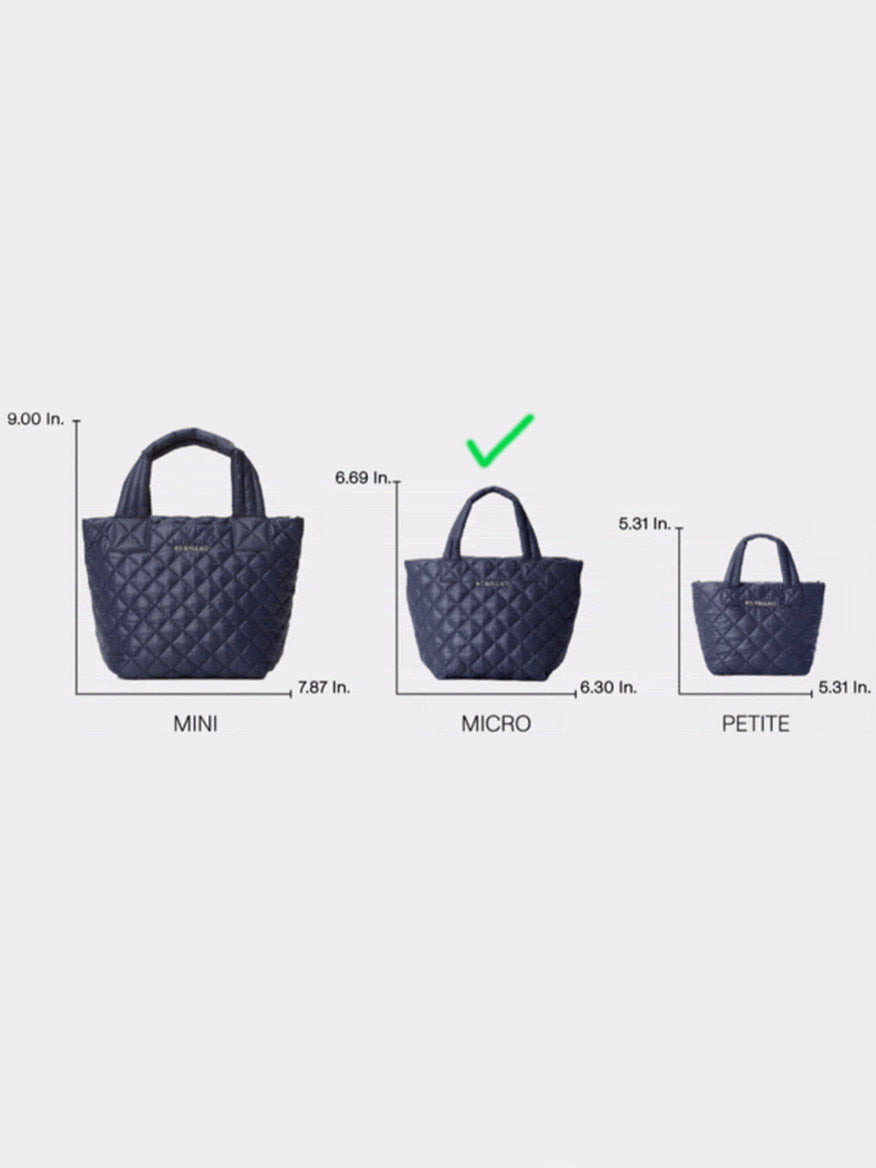 Three blue quilted tote bags in different sizes labeled Mini, MZ Wallace Micro Metro Tote Deluxe in Zinnia Oxford, and Petite, with dimensions and a green check mark above the MZ Wallace Micro Metro Tote Deluxe size.