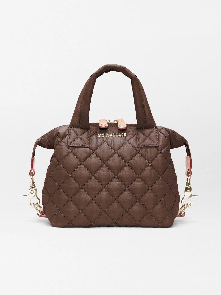 MZ Wallace Micro Sutton in Walnut Oxford quilted tote bag with two top handles and gold hardware.