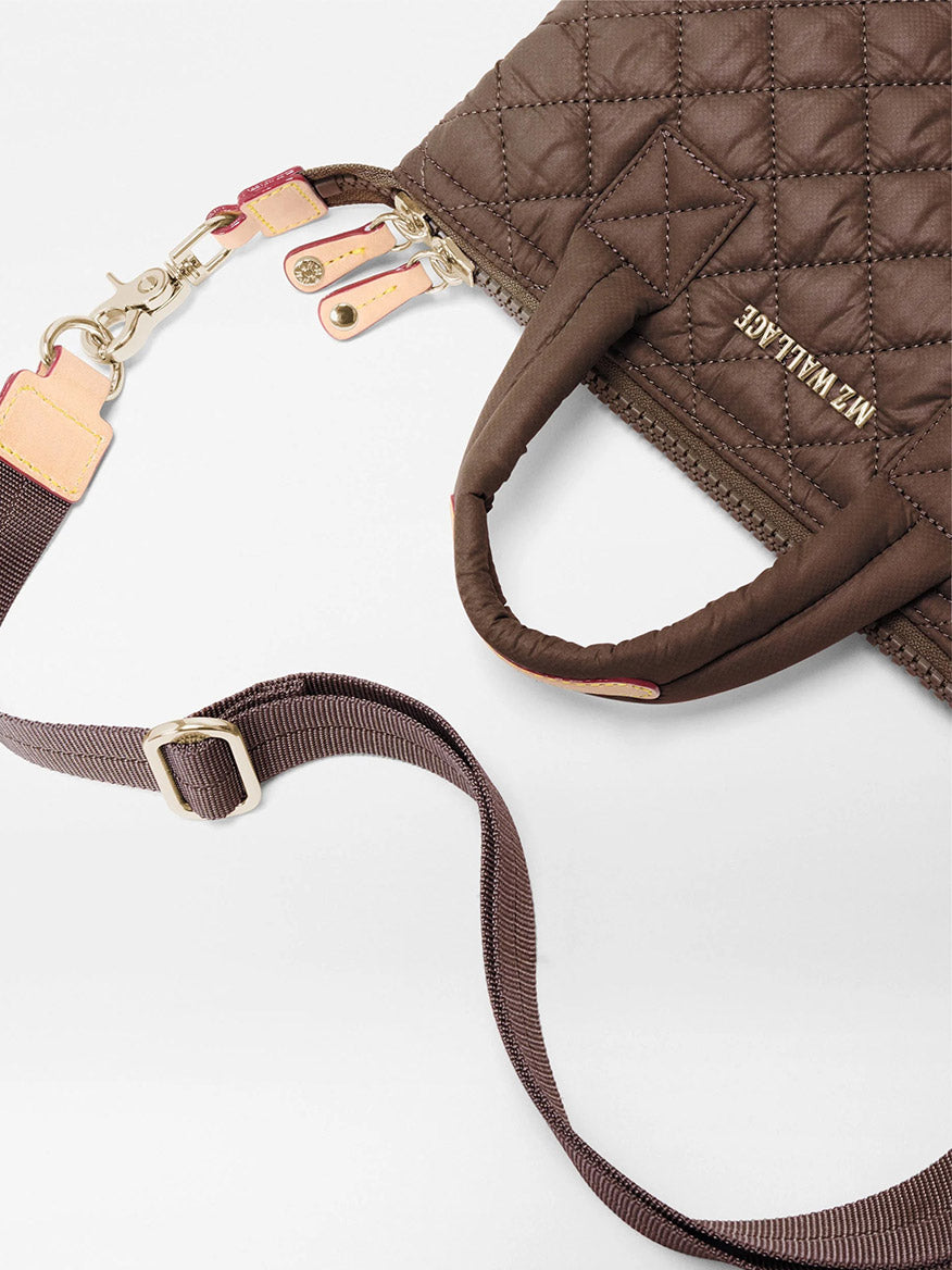 MZ Wallace Micro Sutton in Walnut Oxford crossbody handbag in quilted recycled nylon with a matching adjustable strap and leather accents.