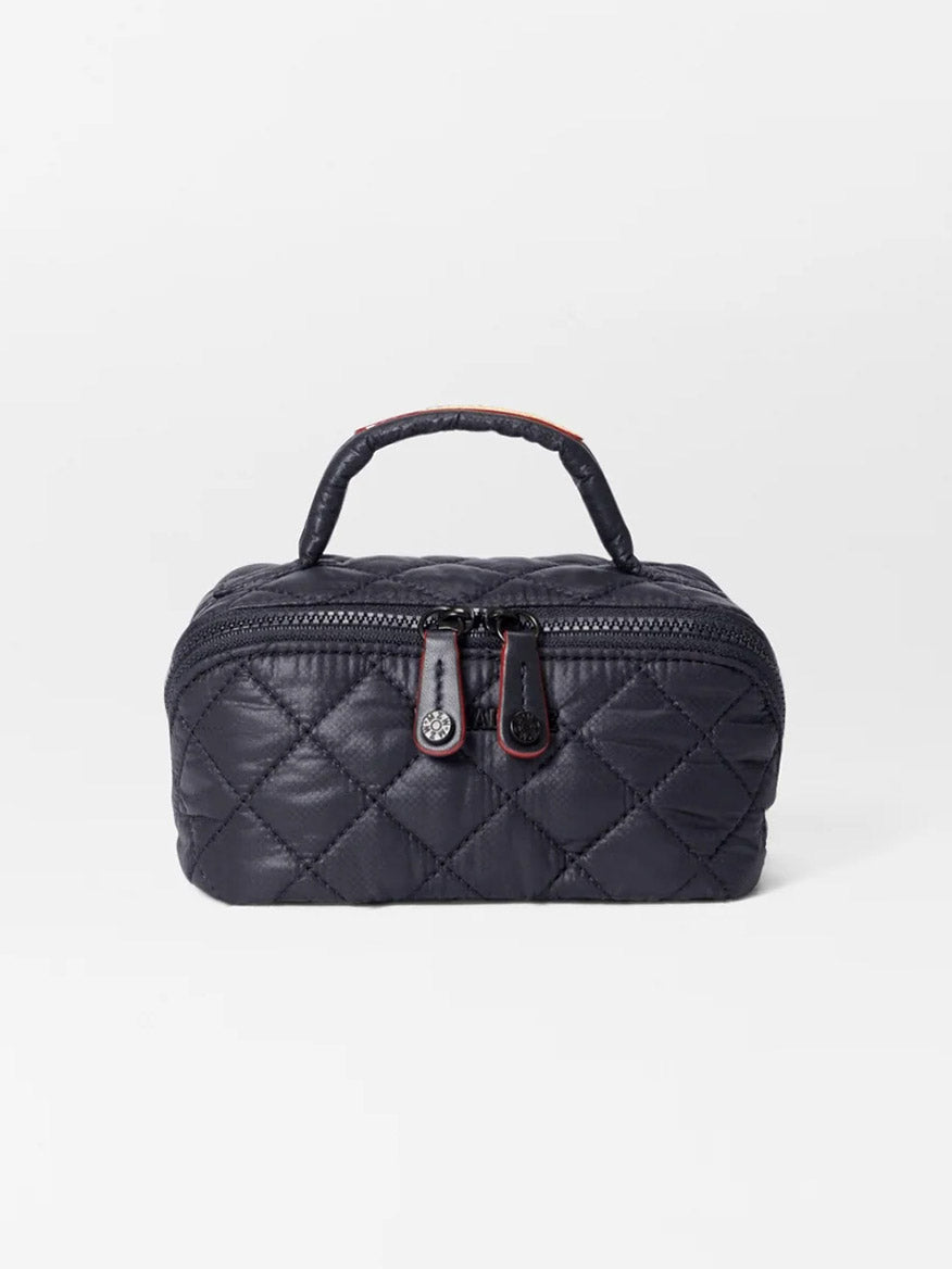 MZ Wallace Mini Accordion Jewelry Case in Black Oxford, featuring a quilted design, durable Oxford fabric, top handle, and dual zipper pulls, displayed against a plain white background.