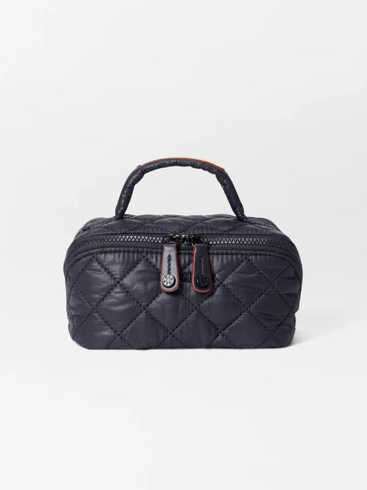 MZ Wallace Mini Accordion Jewelry Case in Black Oxford, featuring a quilted design, durable Oxford fabric, top handle, and dual zipper pulls, displayed against a plain white background.