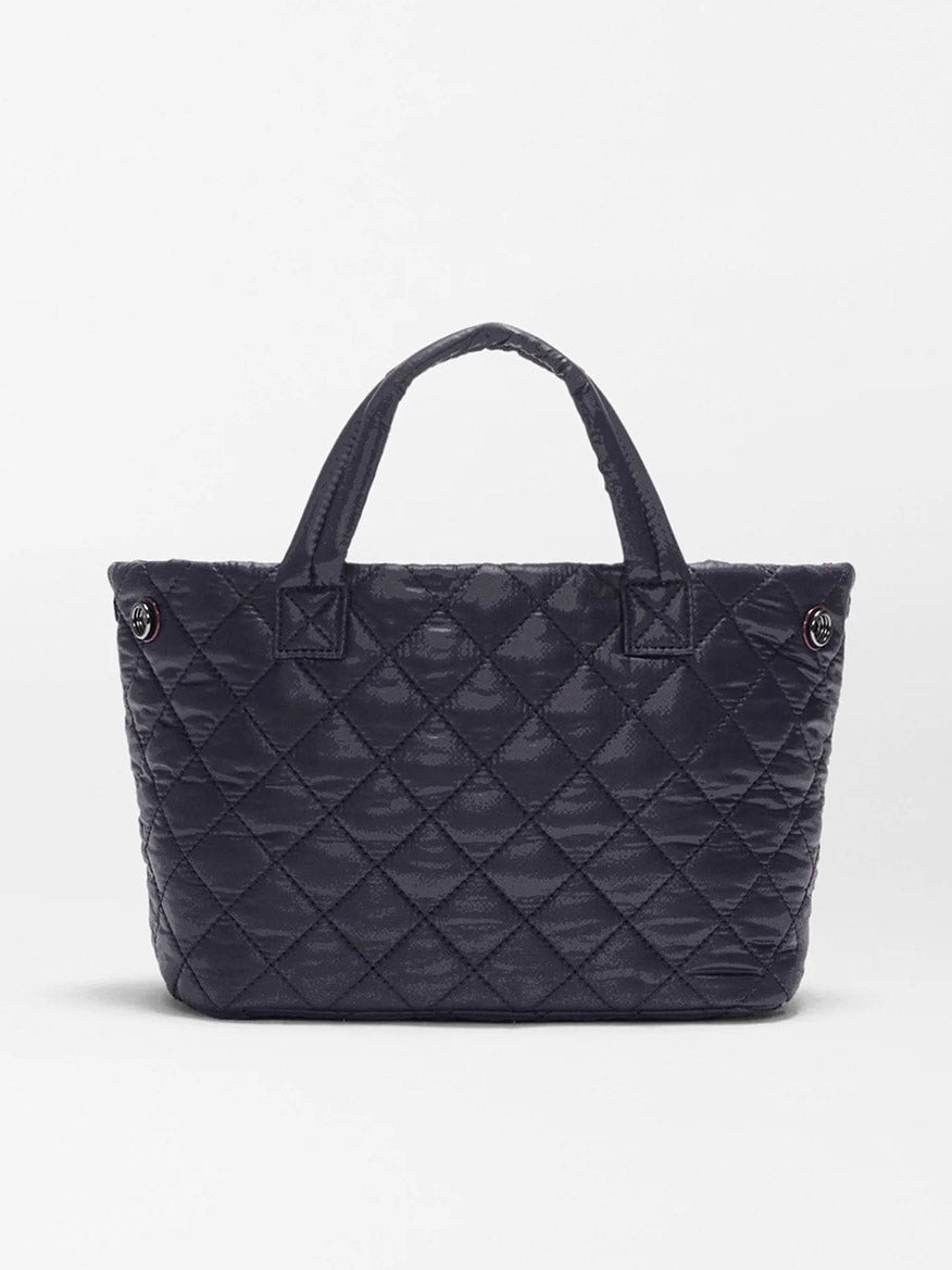 The MZ Wallace Mini City Tote in Black Oxford is a black quilted mini tote bag made from REC nylon, featuring two handles and shown against a plain white background.