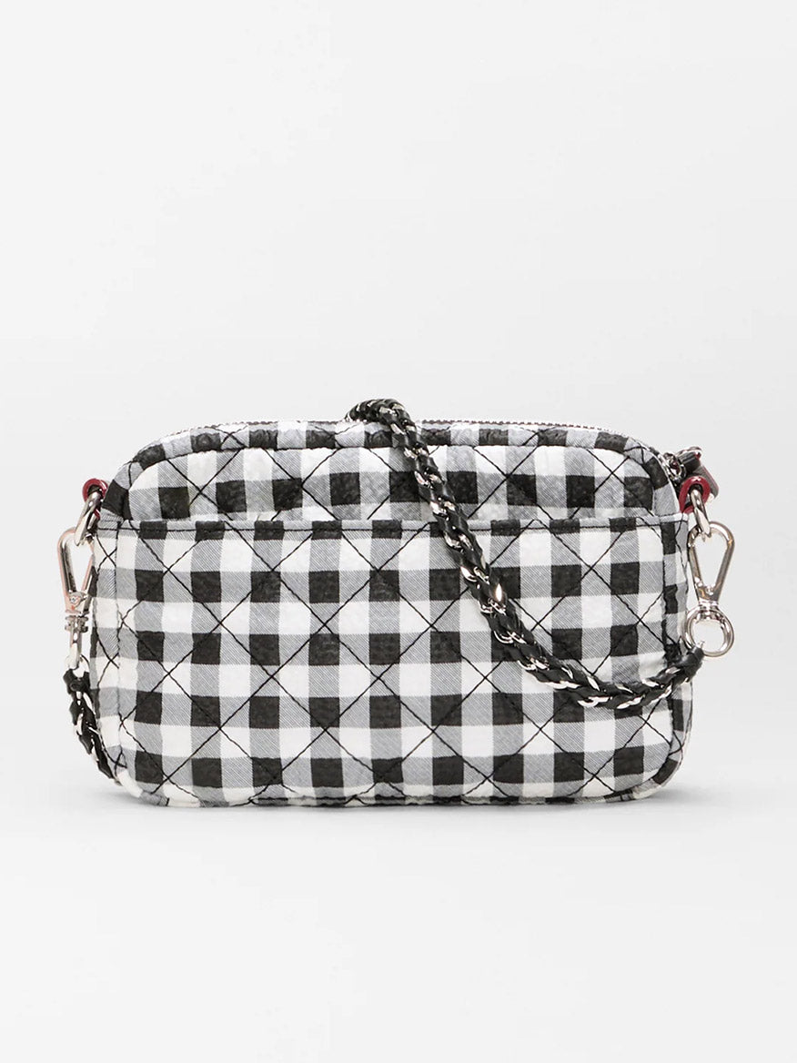 The MZ Wallace Mini Crosby Crossbody II in Black/White Gingham Oxford features a quilted rectangular design, silver hardware, and a braided adjustable crossbody strap.