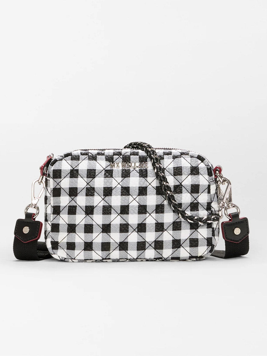 The MZ Wallace Mini Crosby Crossbody II in Black/White Gingham Oxford features a small rectangular quilted design, silver hardware, and an adjustable crossbody strap for versatile styling.