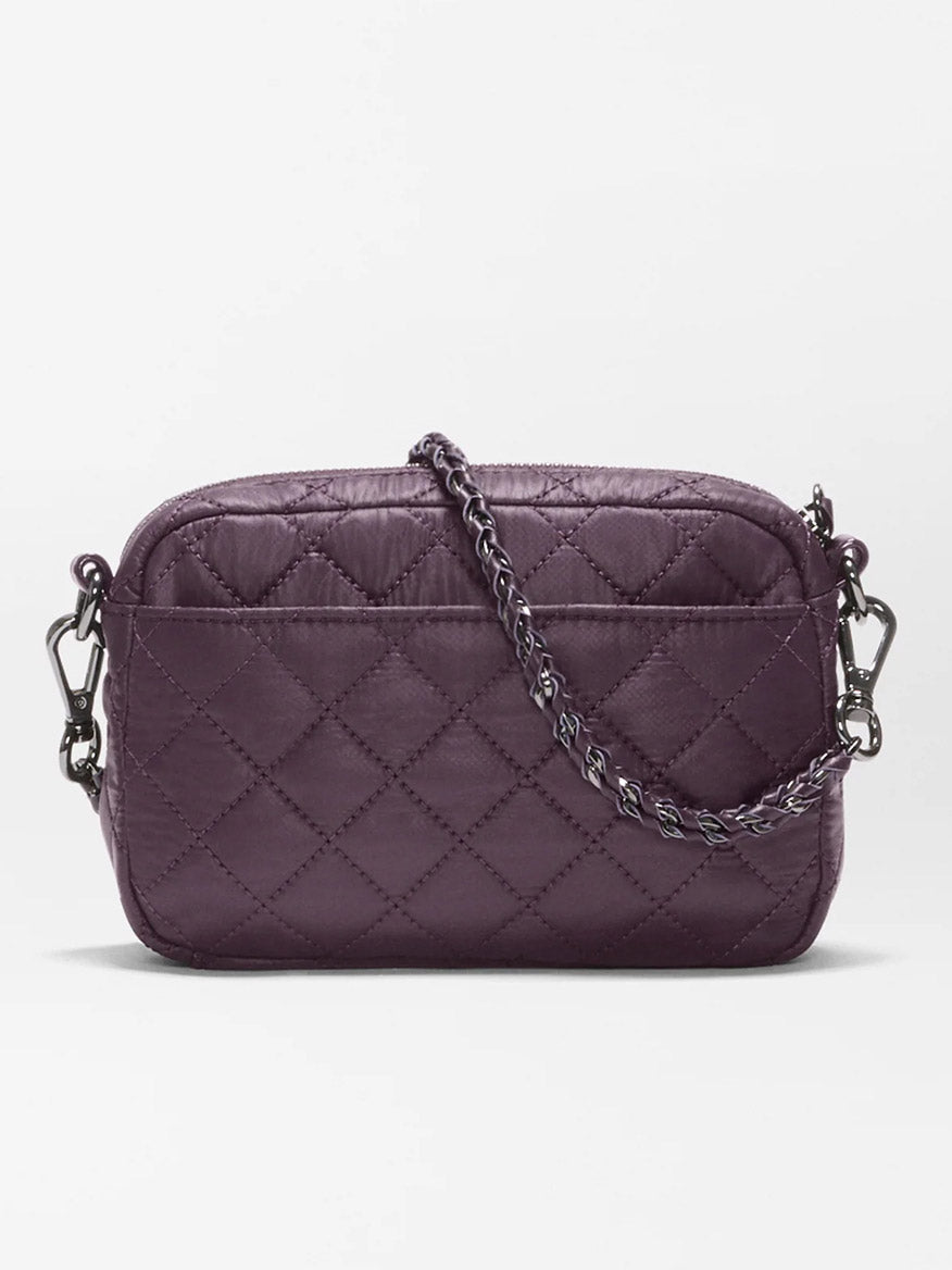 The MZ Wallace Mini Crosby Crossbody II in Raisin Oxford is a compact quilted bag made from recycled Oxford nylon, featuring both chain and leather details on its detachable strap, and is shown against a plain white background.
