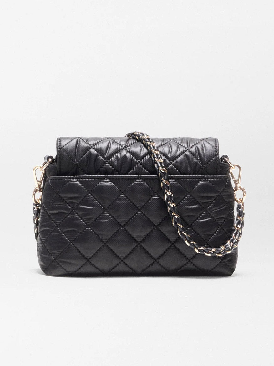 Black MZ Wallace Mini Crosby Lock Shoulder in Black Oxford quilted bag with a gold chain strap.