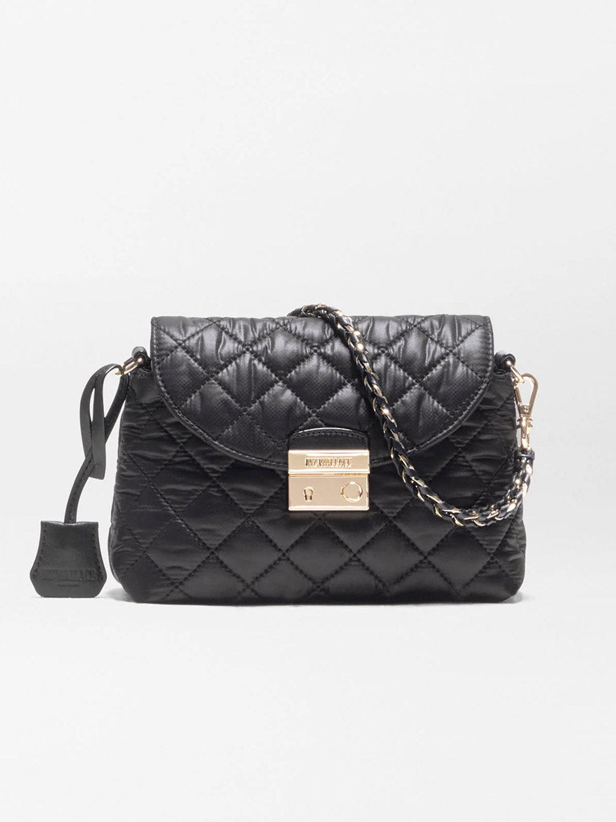 MZ Wallace Mini Crosby Lock Shoulder in Black Oxford quilted mini shoulder bag with gold lock hardware and a chain-link strap.