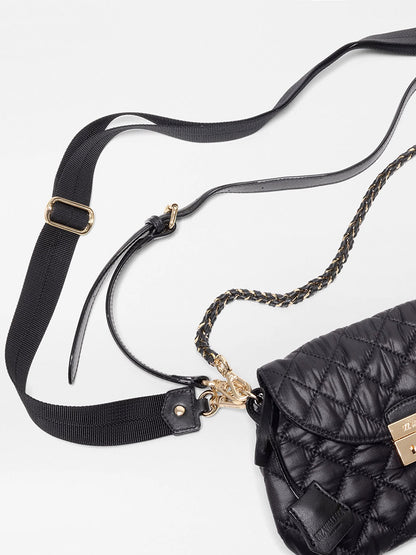 MZ Wallace Mini Crosby Lock Shoulder in Black Oxford, a quilted recycled nylon bag featuring a metal chain strap and a detachable webbing crossbody strap.