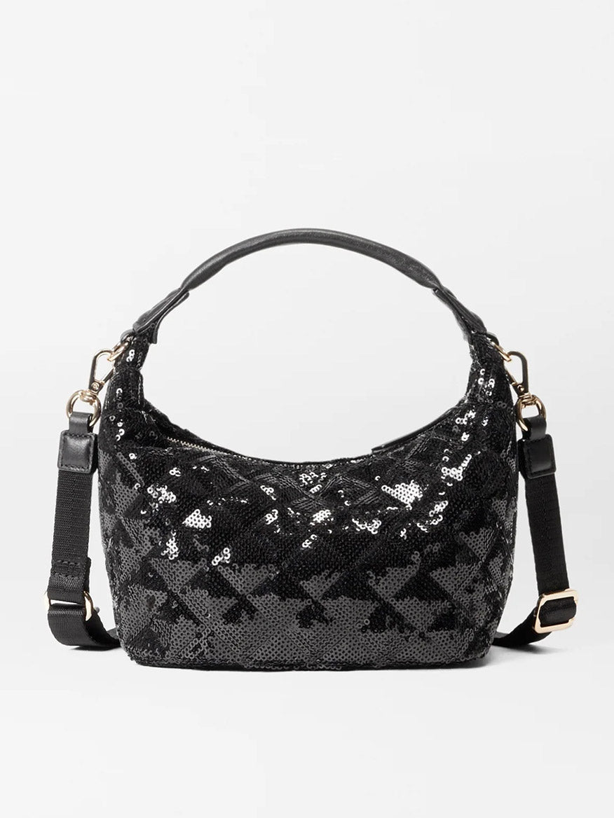 The MZ Wallace Mini Hobo in Black Sequin Oxford showcases a geometric pattern with a top handle and an adjustable shoulder strap, set against a plain background.