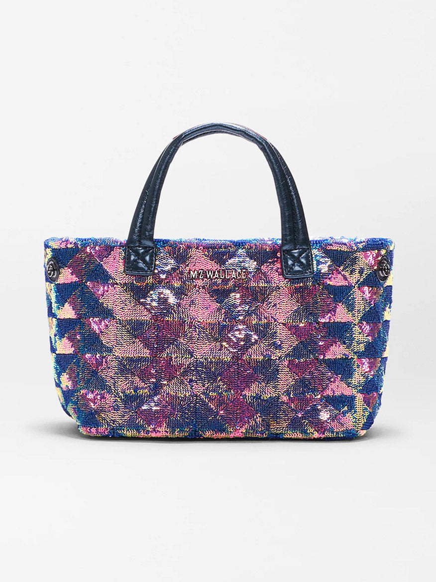 The MZ Wallace Mini Metro City Tote in Aurora Sequin features dark handles and a multicolored sequin geometric pattern—perfect as a stylish crossbody tote for daily outings.