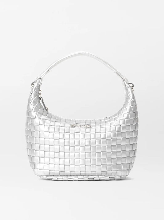 A MZ Wallace Mini Woven Hobo in Matte Silver Oxford, featuring a short strap and natural Italian leather trim, displayed against a white background.