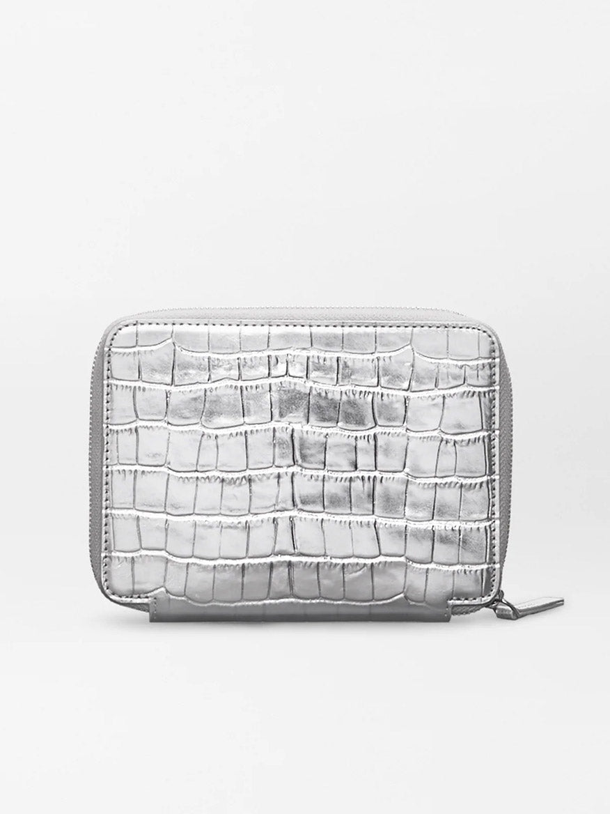 The MZ Wallace Passport Organizer in Silver Croc Effect, made from Italian leather with RFID protection, is shown against a plain white background.