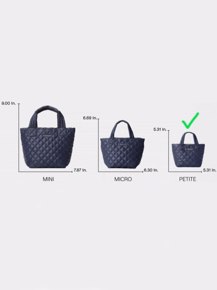 Image of three quilted handbags labeled as Mini, Micro, and Petite, with their dimensions. The petite bag is marked with a green checkmark. The MZ Wallace Petite Metro Tote Deluxe in Black Oxford features a convenient crossbody strap for versatile styling options.