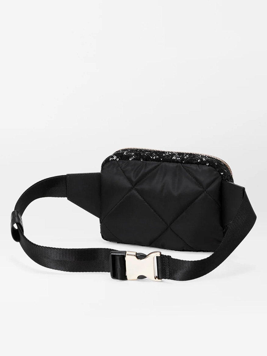 MZ Wallace Quilted Madison Belt Bag in Black Sequin with Italian leather trim, featuring an adjustable strap and a zippered top, displayed against a plain light background.