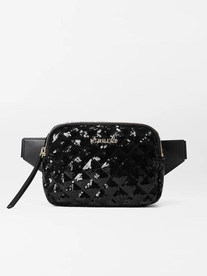 MZ Wallace Quilted Madison Belt Bag in Black Sequin with a zipper and adjustable strap, featuring a subtle logo pattern, displayed against a white background.