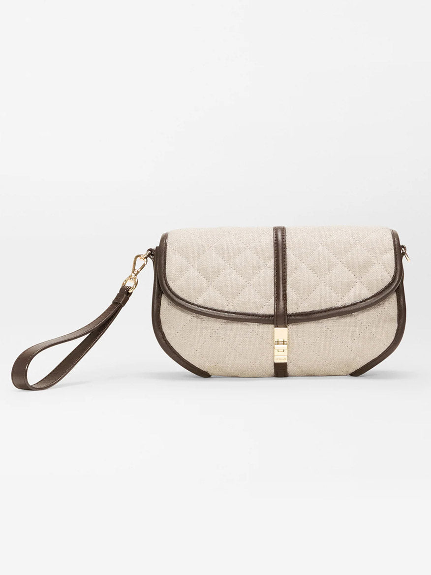 The MZ Wallace Small Astor Convertible Clutch in Sandy Linen features a beige quilted design, Italian leather trim, a linen wristlet strap, and a gold-tone clasp, shown against a plain light background.