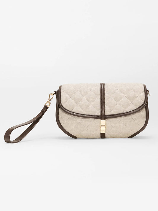 The MZ Wallace Small Astor Convertible Clutch in Sandy Linen features a beige quilted design, Italian leather trim, a linen wristlet strap, and a gold-tone clasp, shown against a plain light background.