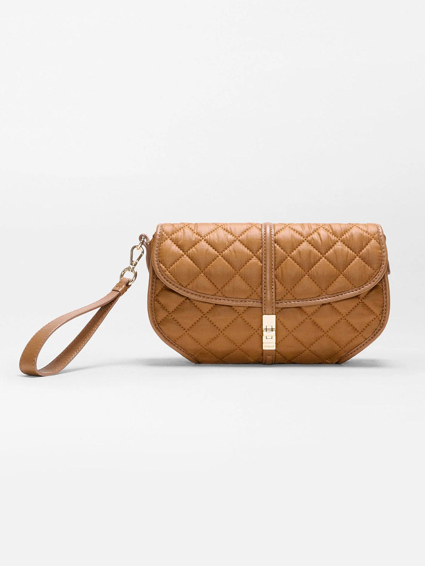 MZ Wallace Small Astor Convertible Clutch in Cognac Oxford, a quilted recycled nylon clutch featuring a wrist strap and a gold-tone clasp closure.