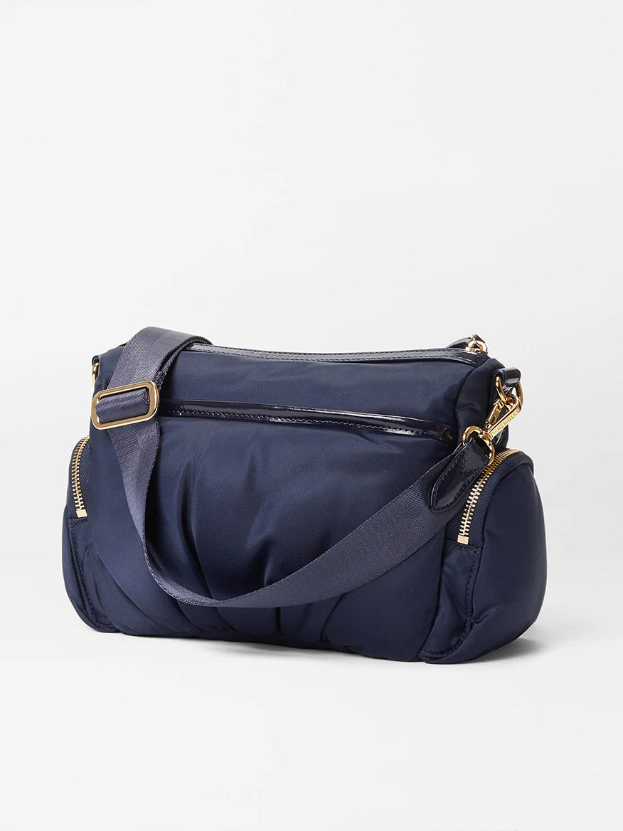 Navy blue quilted nylon MZ Wallace Small Chelsea Crossbody in Dawn Bedford with multiple zippered compartments and Italian leather trim.
