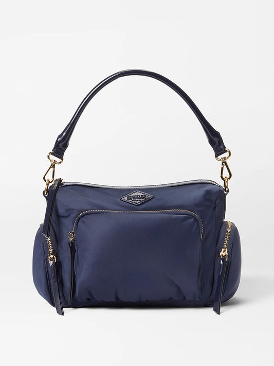MZ Wallace Small Chelsea Crossbody in Dawn Bedford with gold-tone hardware and external zipper pockets.