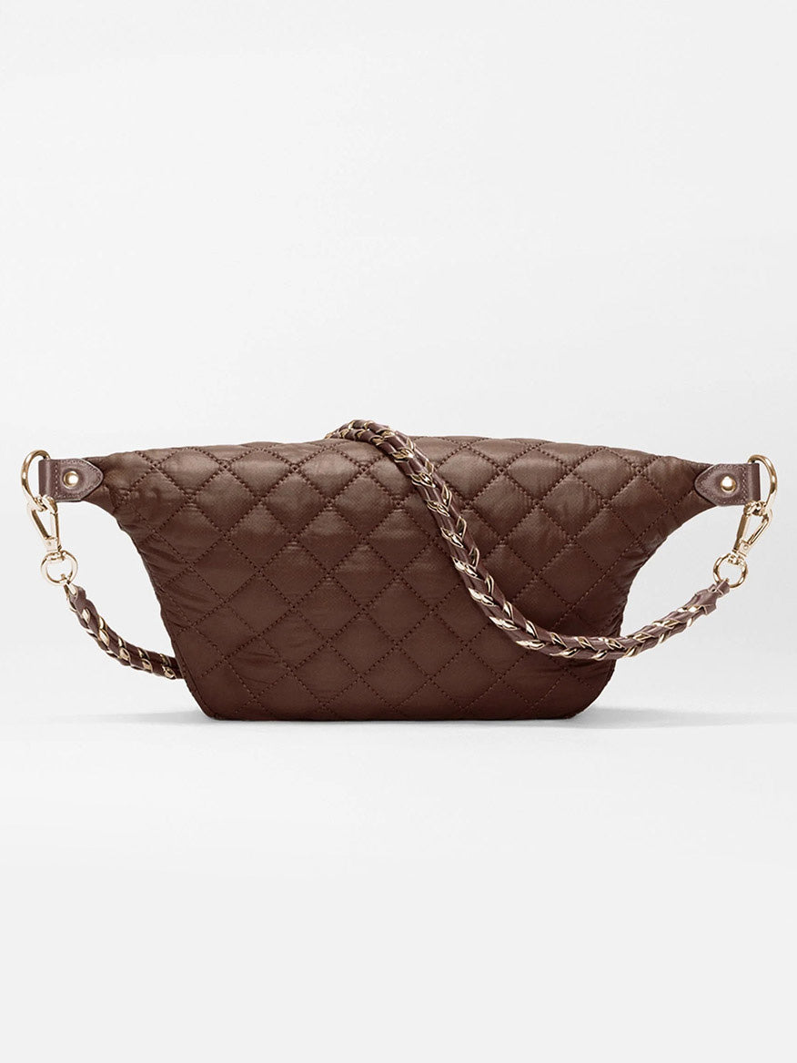 MZ Wallace Small Crosby Sling Bag in Walnut Oxford, a brown quilted crossbody sling with a chain strap and gold hardware.