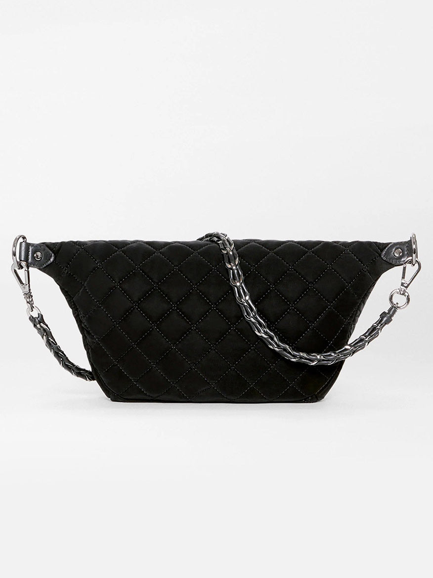 Small MZ Wallace Small Crosby Sling Bag in black quilted Italian leather with a braided chain strap and silver hardware.