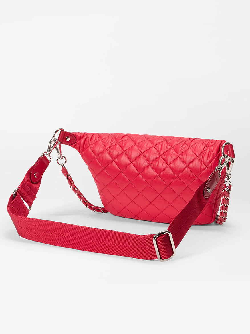 MZ Wallace Small Crosby Sling Bag in Apple Oxford with quilted finish, adjustable fabric strap, and silver hardware displayed against a plain white background.