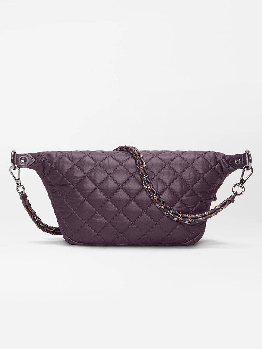 The MZ Wallace Small Crosby Sling Bag in Raisin Oxford features a quilted diamond pattern and chain strap, shown against a plain white background.