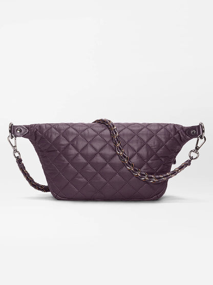 The MZ Wallace Small Crosby Sling Bag in Raisin Oxford features a quilted diamond pattern and chain strap, shown against a plain white background.