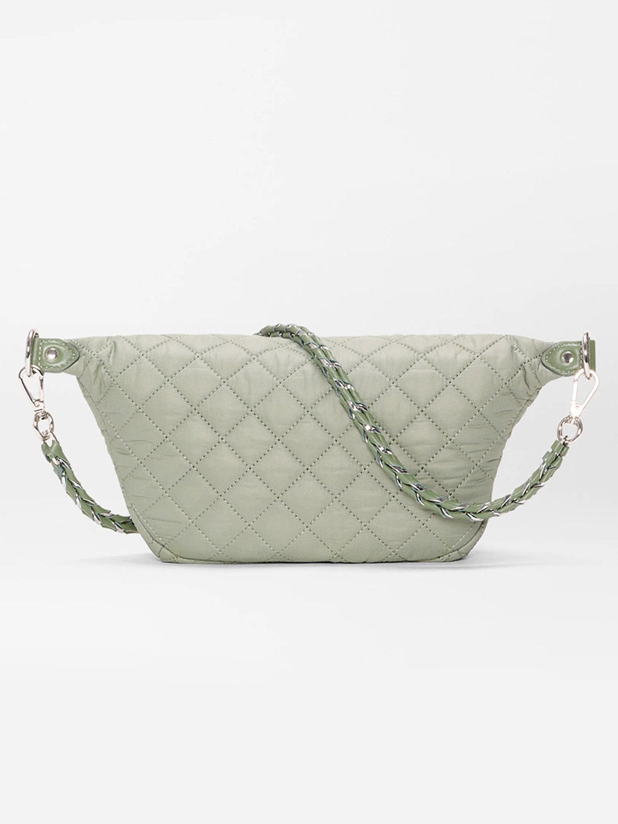 The MZ Wallace Small Crosby Sling Bag in Agave Green Oxford features a quilted diamond pattern and chain strap, shown against a plain white background.
