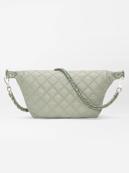 The MZ Wallace Small Crosby Sling Bag in Agave Green Oxford features a quilted diamond pattern and chain strap, shown against a plain white background.