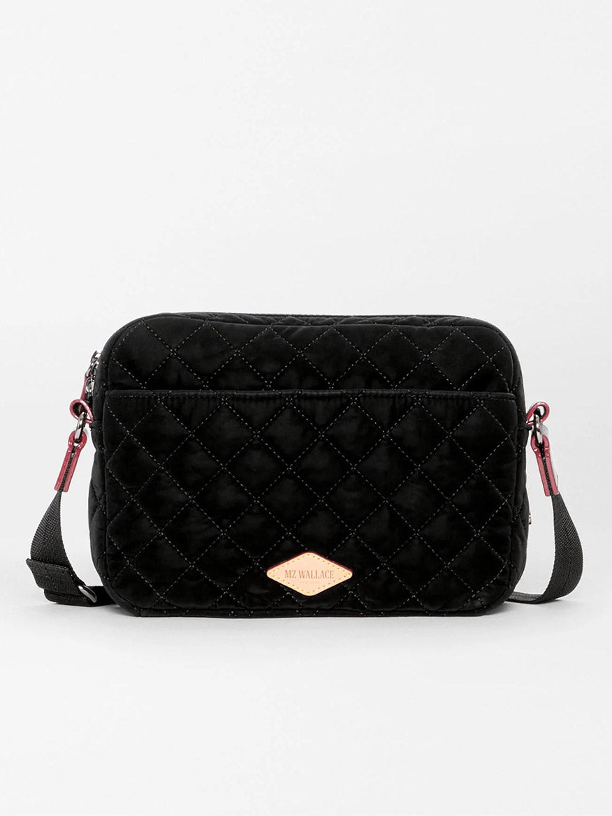 Black MZ Wallace Small Metro Camera Bag in Black Velvet Finish featuring a quilted texture, a crossbody strap, and a small logo patch on the front.