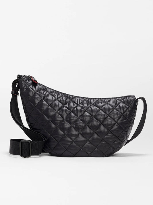 The MZ Wallace Small Metro Smile Bag in Black Oxford, featuring a quilted design and adjustable strap, is displayed against a plain white background.