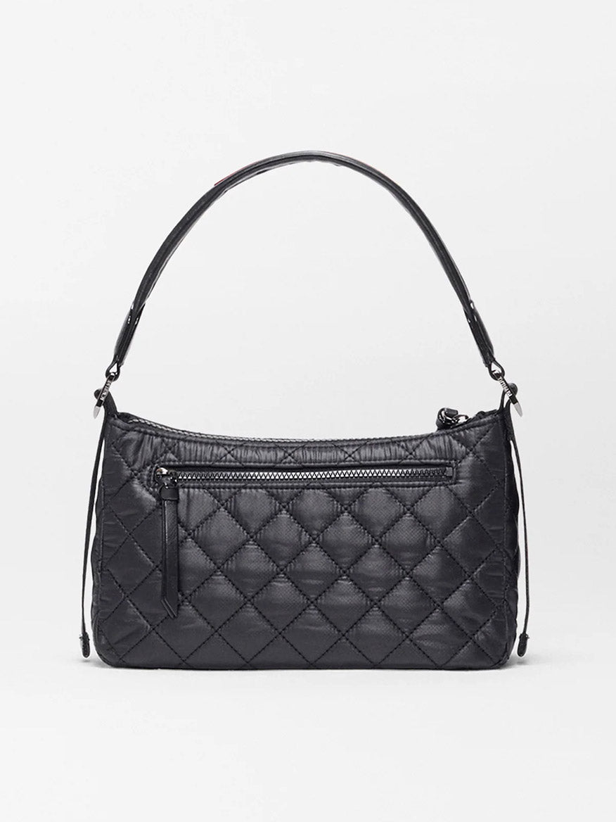 The MZ Wallace Small Park Shoulder Bag in Black Oxford is a lightweight black quilted bag with a single strap and front zip pocket, made from Italian leather and shown on a plain white background.