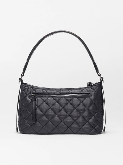 The MZ Wallace Small Park Shoulder Bag in Black Oxford is a lightweight black quilted bag with a single strap and front zip pocket, made from Italian leather and shown on a plain white background.