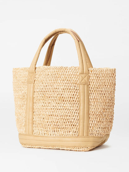 A MZ Wallace Small Raffia Tote in Raffia/Camel with natural Italian leather trim on a white background.