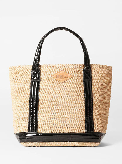 MZ Wallace Small Raffia Tote in Raffia/Black with Italian leather trim and padded nylon handles - the perfect summer bag from Weekend MaxMara.