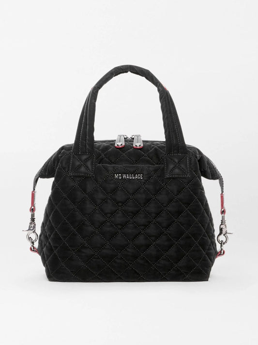 MZ Wallace Small Sutton Deluxe in Black Velvet Finish handbag with two top handles, zippered closure, and red strap attachments.