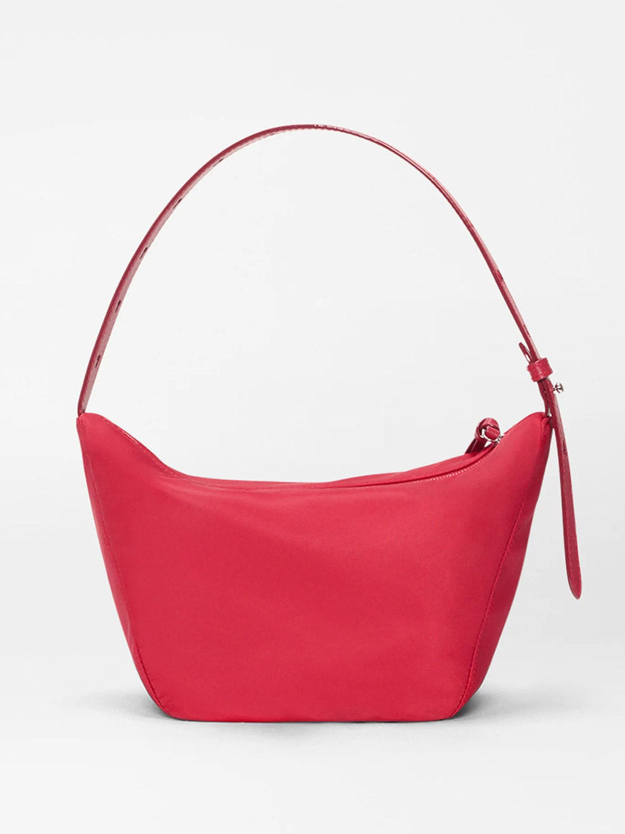 The MZ Wallace Small Waverly Hobo in Apple Bedford is shown against a plain white background, featuring a curved strap, zip-top closure, and Italian leather craftsmanship.