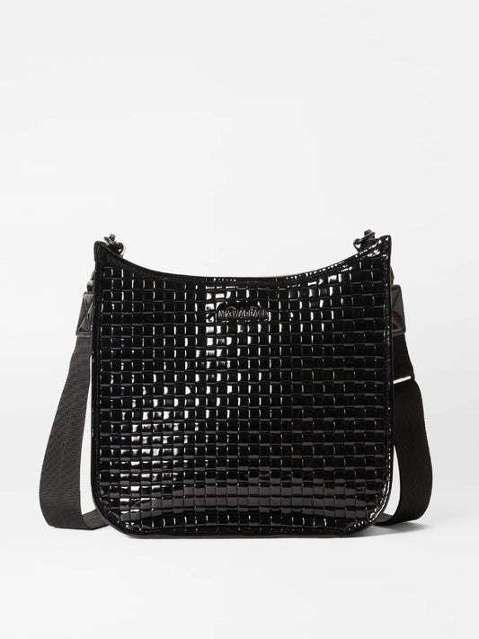 A MZ Wallace Woven Box Crossbody in Black Lacquer Oxford shoulder bag with a strap.