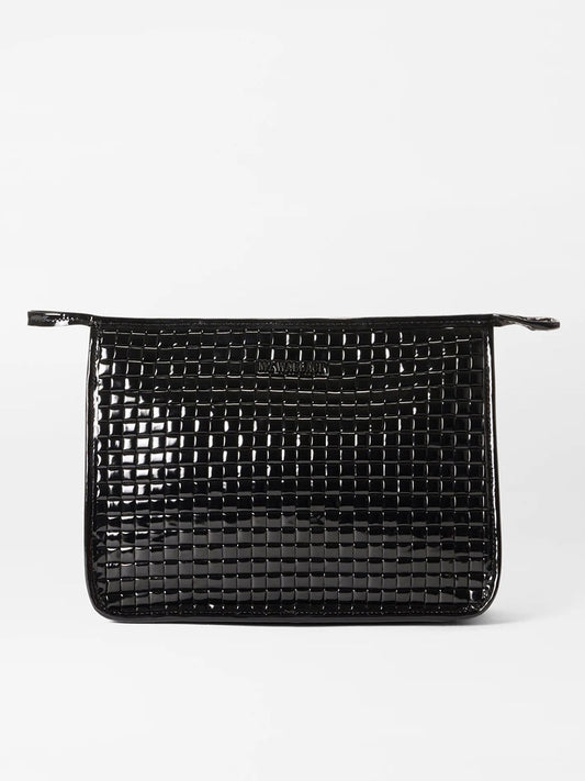A MZ Wallace Woven Metro Clutch in Black Lacquer Oxford on a white background.