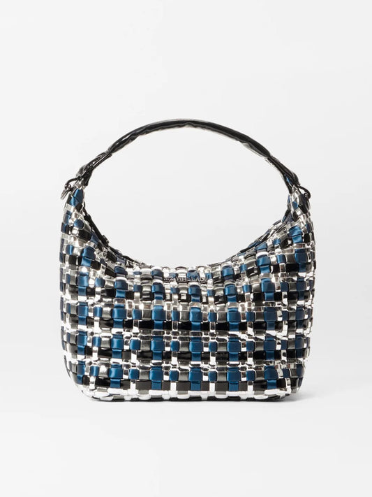 The MZ Wallace Mini Woven Hobo in Midnight Woven is a chic nylon handbag featuring a stylish black and blue design with a detachable strap for versatile carrying options.