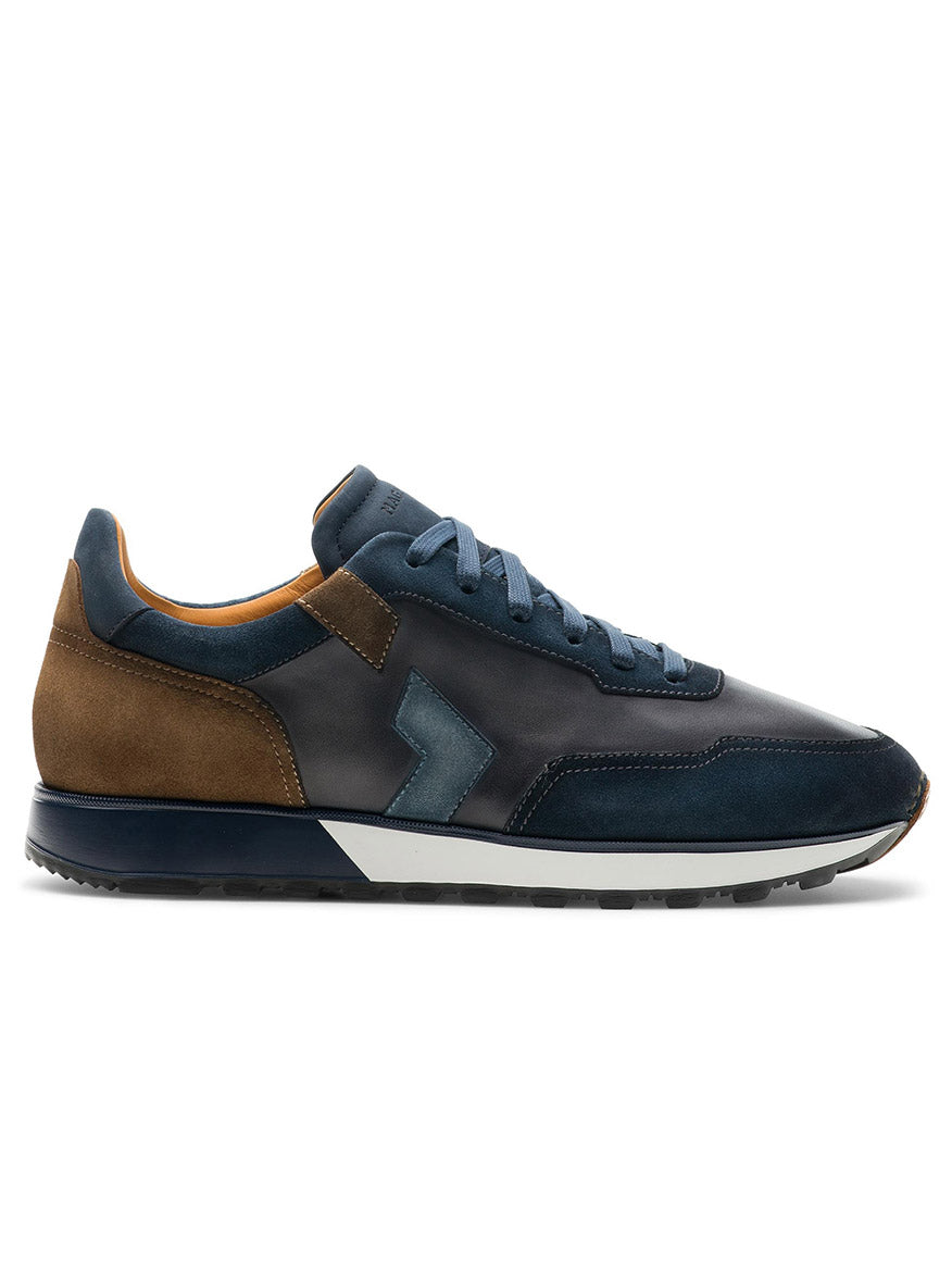 Blue and brown leather Magnanni Aero in Navy/Taupe sneaker on a white background.