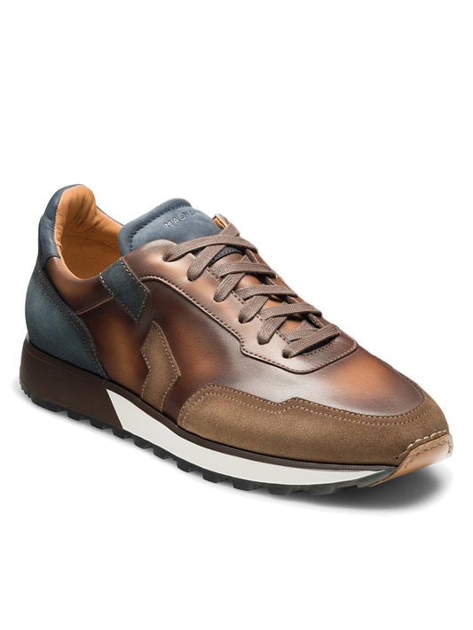 A men's Magnanni Aero in Navy/Brown leather sneaker from the retro runner collection.