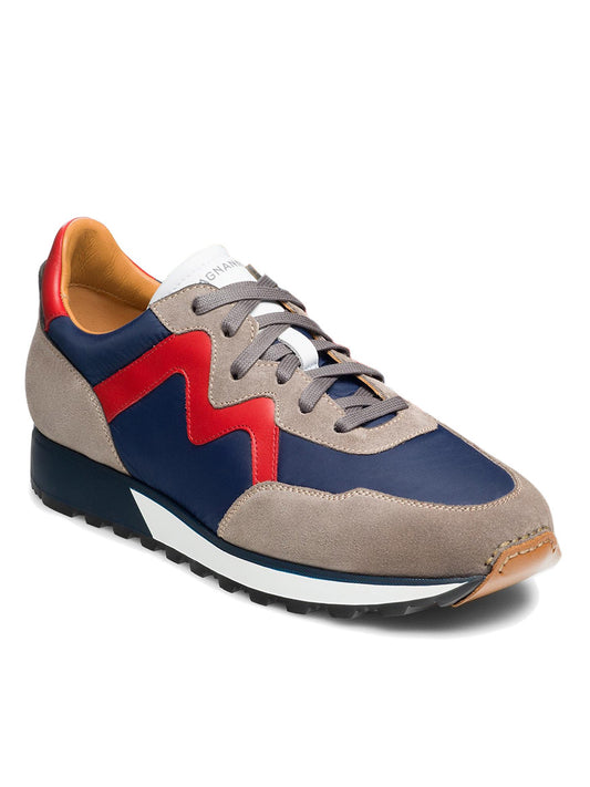 A retro runner, the Magnanni Asher in Grey/Navy boasts multicolored accents of blue, red, and beige, complemented by grey laces and a white sole.