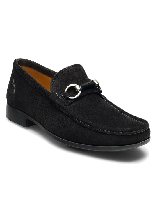 A Magnanni Blas II in Black Suede with a metal buckle and a cushioned rubber sole.