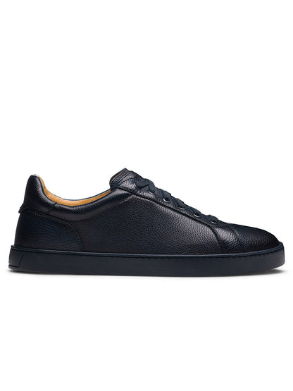 Magnanni Cote Lo Stretch-Lace in Tumbled Navy men’s low-top sneaker, featuring a stretch-lace system and black sole, shown in side profile view.