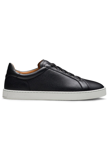 The Magnanni Cote Lo Stretch-Lace in Tumbled Black is a men's black leather low-top sneaker with a stretch-lace system and a white rubber sole, shown in side profile.