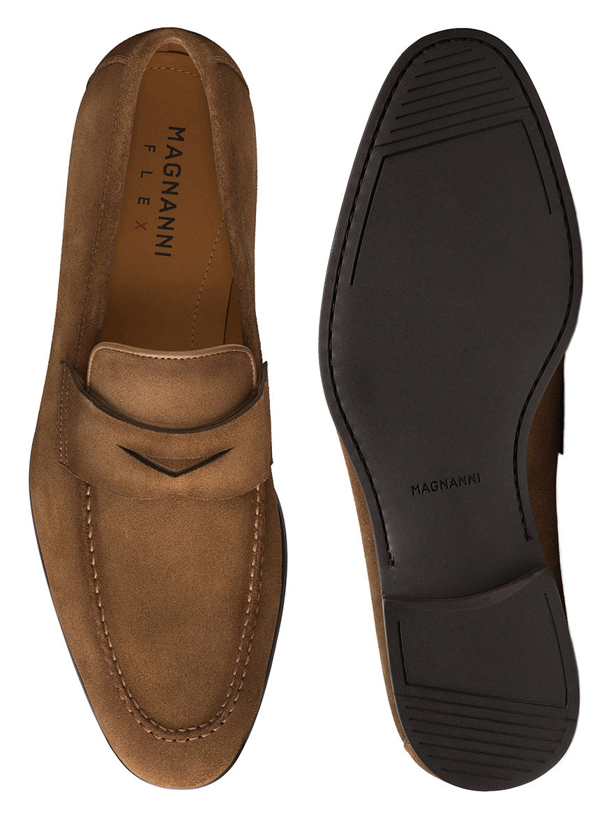 Top and bottom view of the Magnanni Diezma in Taupe Suede, highlighting intricate stitching on the upper crafted from premium calfskin leather, along with the Magnanni branding on the insole and sole. These refined penny loafers are handmade in Portugal, exemplifying exceptional craftsmanship.